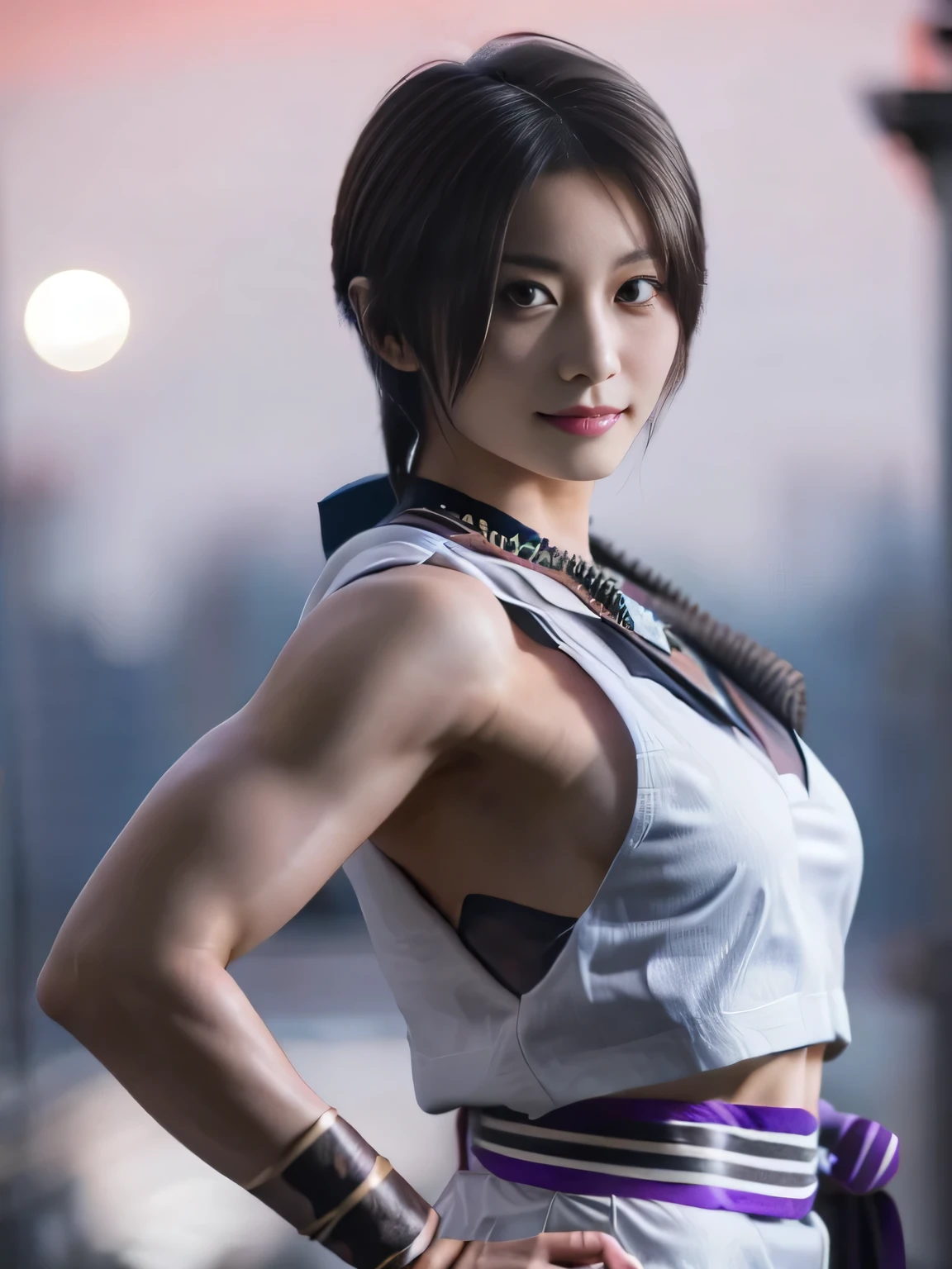 20 year old Japanese beauty,One woman、Muscular body like a bodybuilder、Emphasize the breasts、Slit eyes、A head-to-toe view,Bust is very very large、Full moon night in the background、High quality photos、Clear, crisp images of the lower body、Masterpiece 8k、Smiling、He holds a shuriken in his right hand、From the front, from the side, from the back, etc.々from what camera angle to shoot、A ninja costume of purplish-red color
