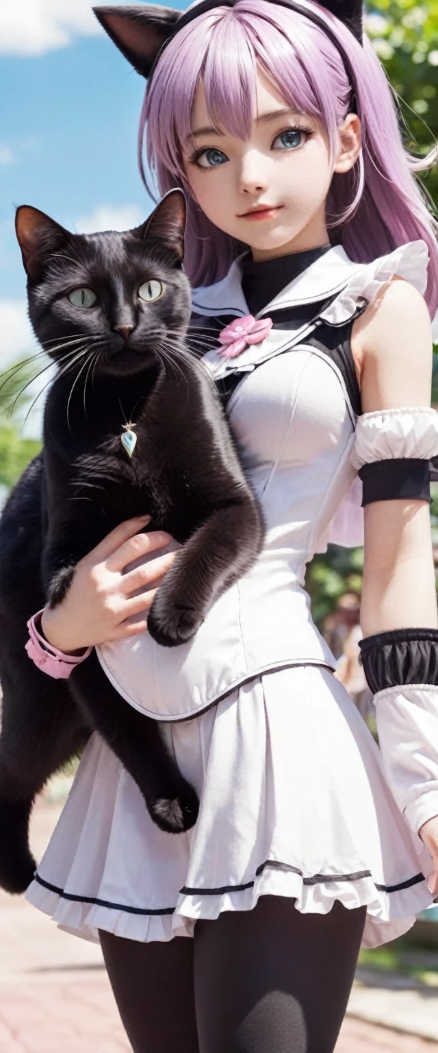 high quality, detailed, a black cat baby and a magical girl,the magical girl is 18 years old, the magical girl has abnormal extra ultra huge boobs, in wander land,
