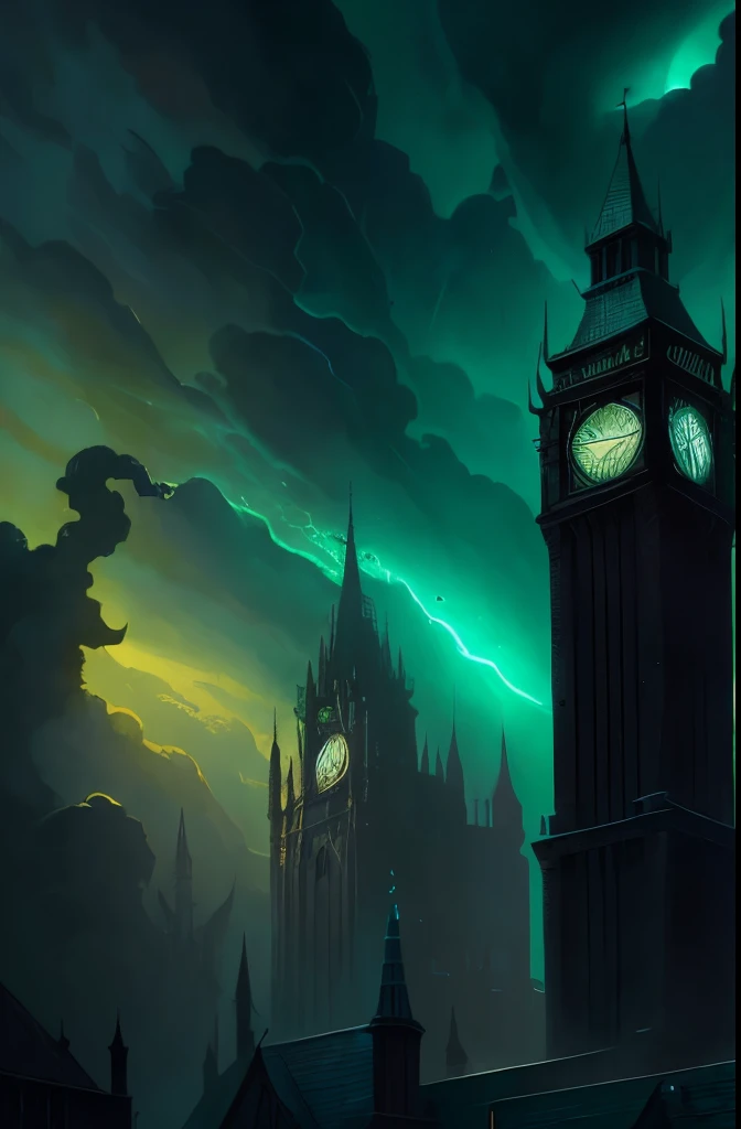 a close up of a clock tower with a green sky in the background, micheal whelan, michael whelan and gustave dore, where lovecraftian horrors roam, lovecraftian atmosphere, arkham horror, michael whelan and gustave done, michael whelan art, shadow over innsmouth, inspired by Michael Whelan, lovecraftian background, barlowe wayne, barlowe