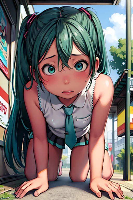 Hatsune Miku,Ultra-realistic painting, Excessive art, 8K high quality, detailed art,Curvaceous ,Random Hairstyles、(Sweaty),From below,On all fours,bus stop，5 years old，Excess semen，vaginal sex，1girl，1boy