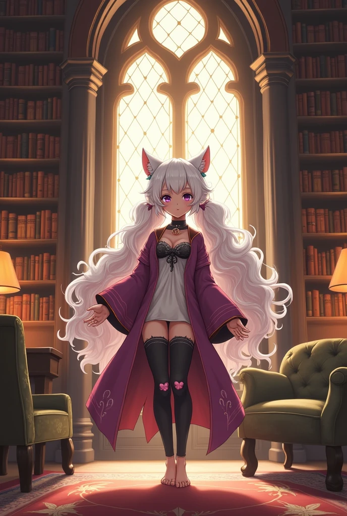 ((best quality)), ((masterpiece)), (detailed), ((highres)), In lavish manor library,  extremely long white curly hair tied into pig tails. Fluffy white cat ears. Long white cat tail on butt, 1catgirl, 20 year old. Curvy body, shy, timid, scared, nervous, Blushing. Lewd mage robes. Heterochromatic eyes, one teal eye, one purple eye. No shoes. No socks, black ripped thigh high leggings with pink pawpads on feet, 
