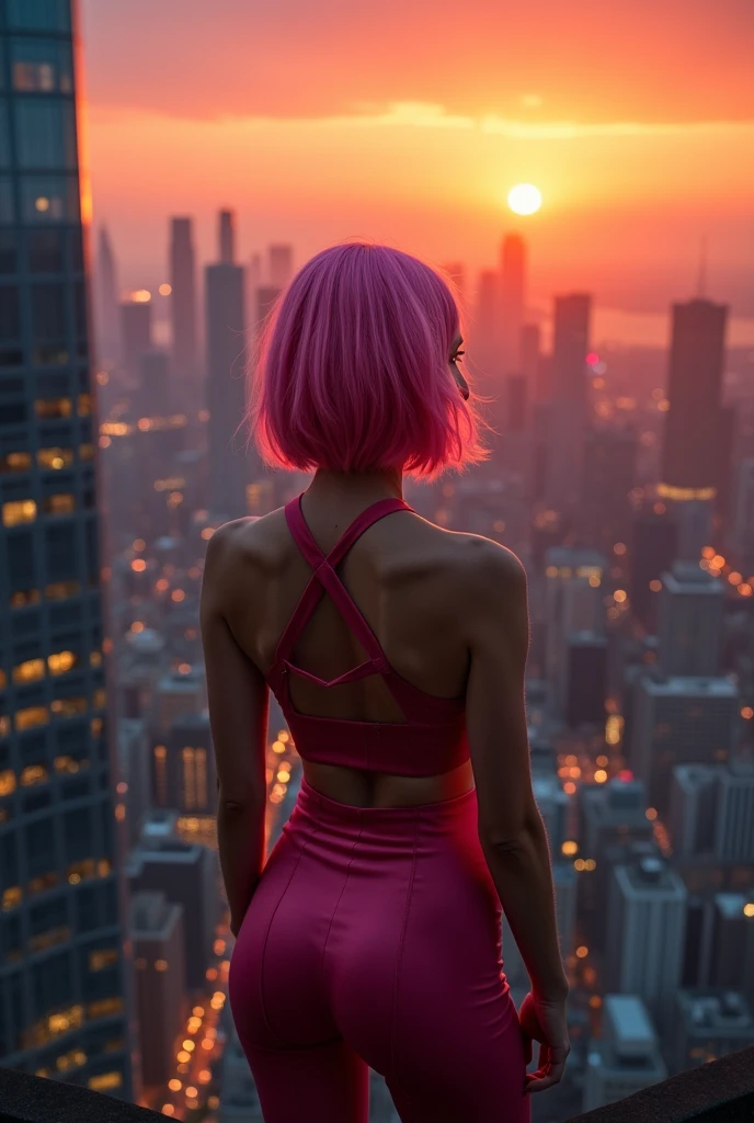 a rear view photo of a woman (having sex, grabbing ass), short hair, cosplay, costume, top of a skyscraper, skyline, sunset, scenic
