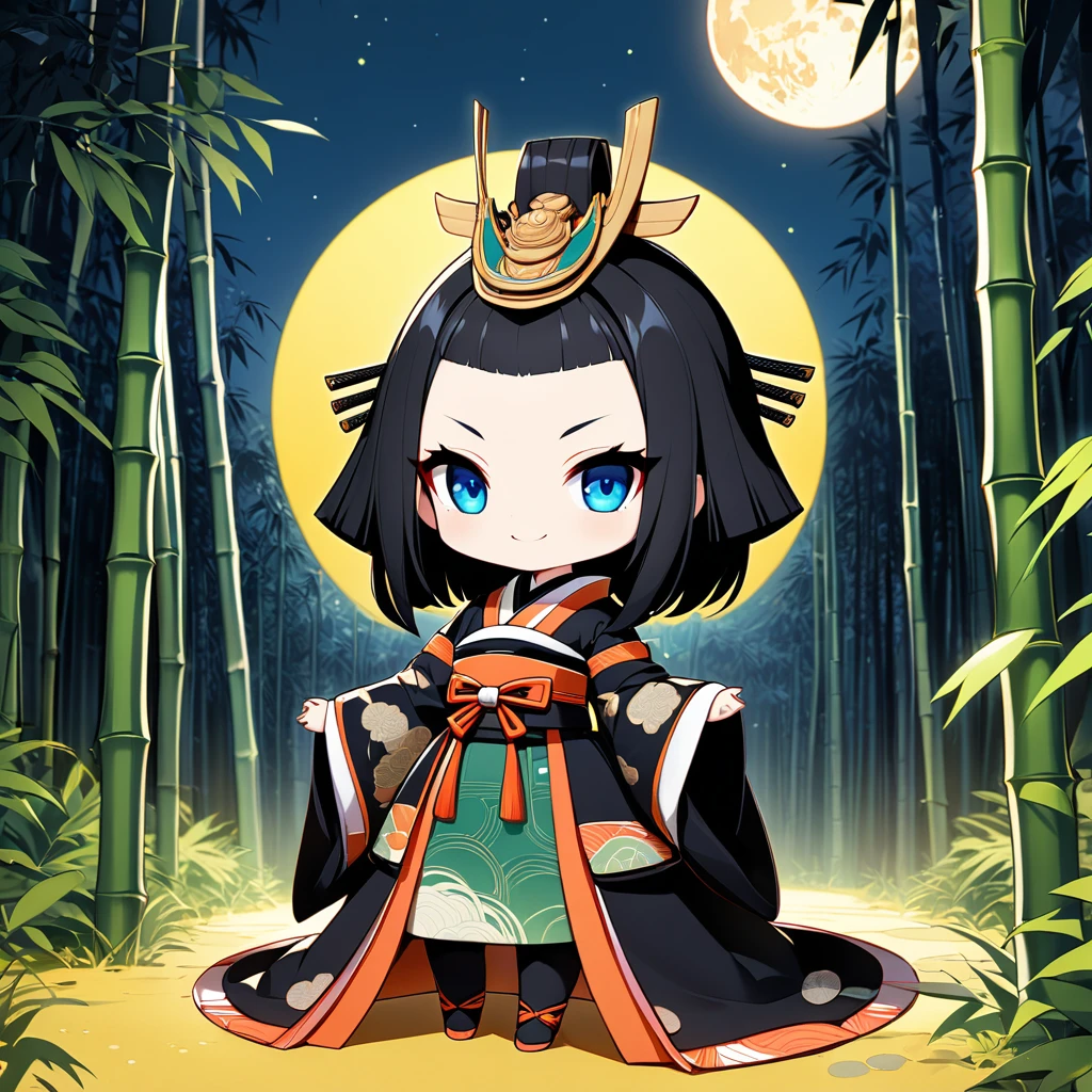 ultra-small deformation, Chibi Cute, 1girl, solo, full body, Princess wearing Twelve-layered kimono of the Heian period in Japan, smile, High contrast and vivid color, background is Bamboo Forest, Full moon night, Generated in SFW