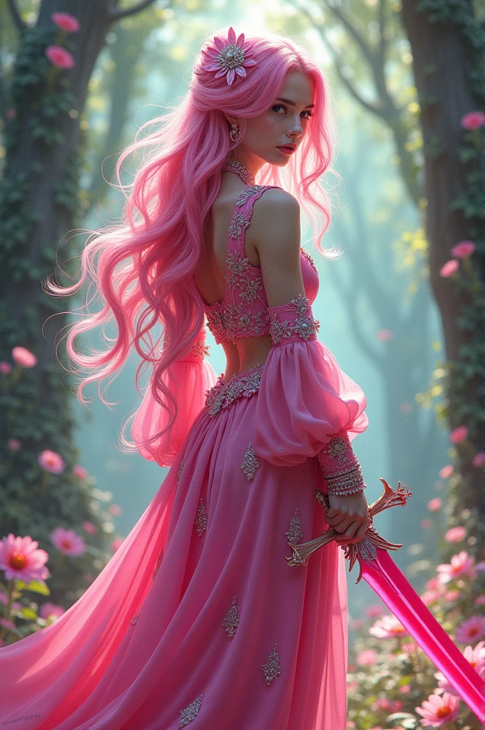 A girl character with pink clothes and she have a red sword