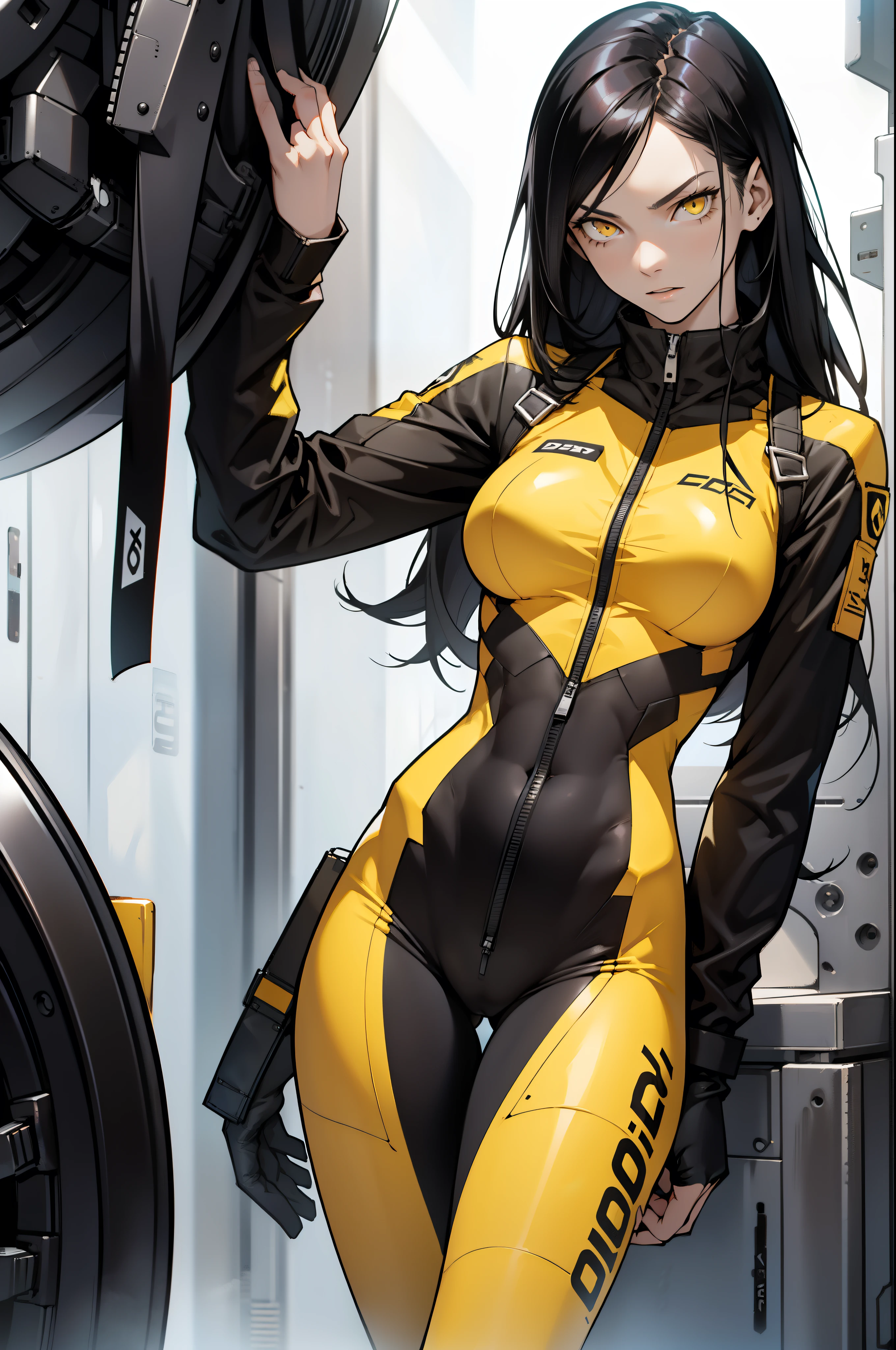 1 girl, black hair, yellow eyes, very long hair, pale skin, fit body, slender body, slim waist, large breasts, (confident expression), pilot suit, thigh gap, bare thighs,