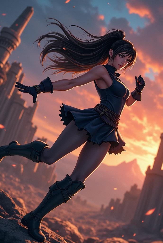 woman,1 person,Final Fantasy 7,Tifa,Embarrassed expression,Unleash a special move,Roundhouse kick