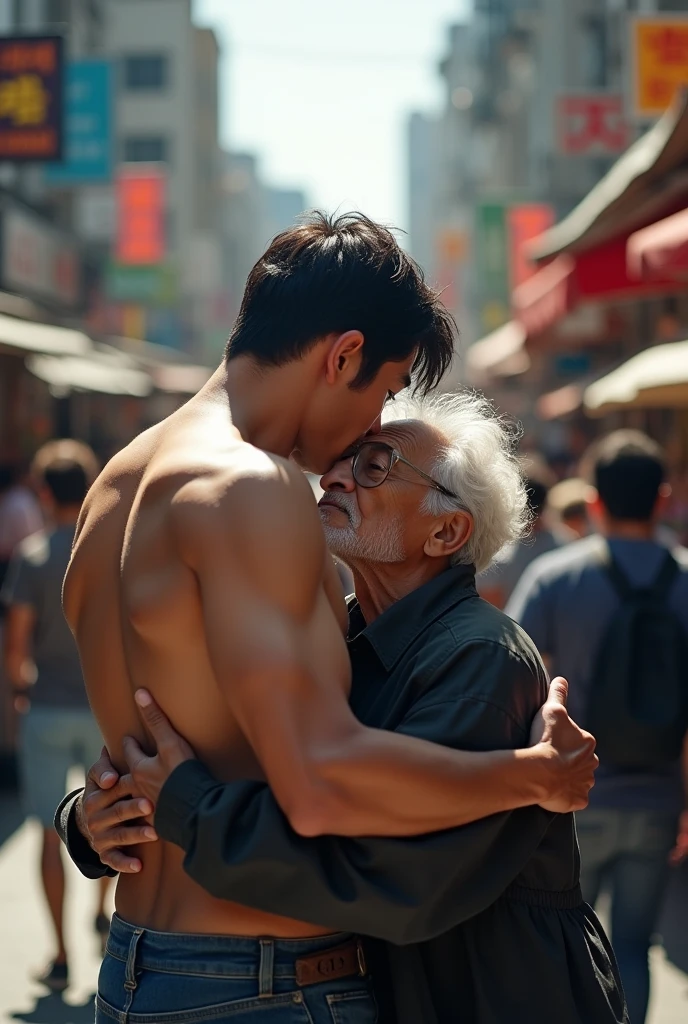 A handsome Korean man with a six-pack abs, shirtless, hugging an elderly homeless person amidst a crowd.