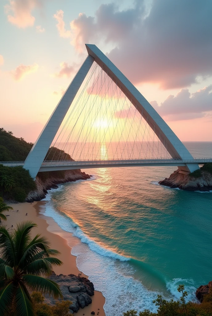 Generate a picture that is designed with a triangle shape and it is made like overpass amd the view is beach or nature