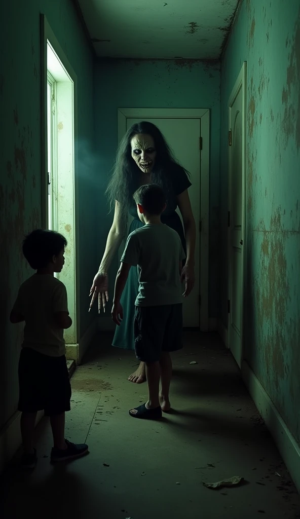 Create a creature that looks like a horrifying woman with long nails, revealing her deformed face with a sewn mouth and deep-set eyes in an abandoned and old house attacking three male teenagers 