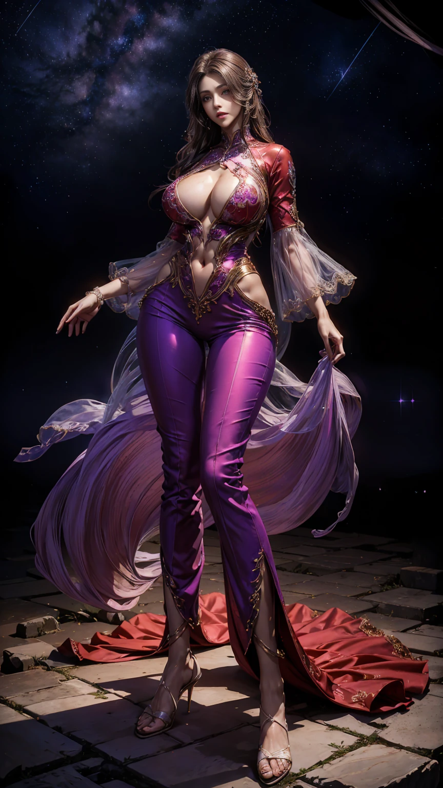 Masterpiece, a beautiful urban female model, full body purple transparent clothes standing under empty night stars, disappearing transparent pants, full body standing, hourglass figure, slender legs, facial details, detailed body part details, 8k wallpaper, gigantic breasts, flowing clothes, red clothes, closeup 