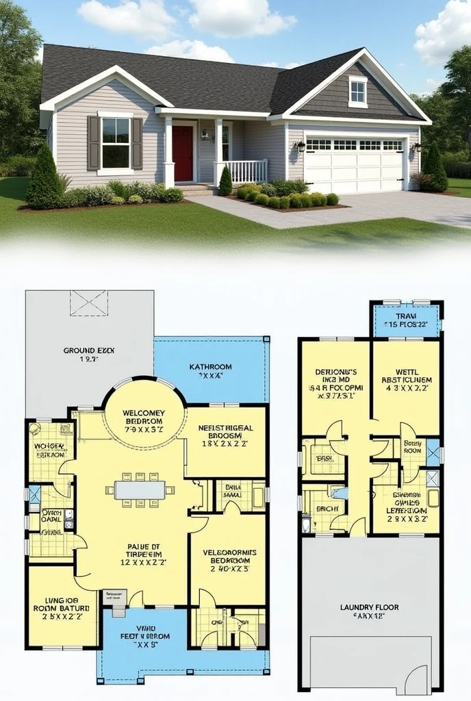 Create a house plan with a garage, kitchen, living room, breakfast room, Bathroom, a room and behind a sink with a garden and space for animals on the ground floor and on the second floor of the house create 4 rooms, un Bathroom y en la tercer planta crea un cuarto de servicio