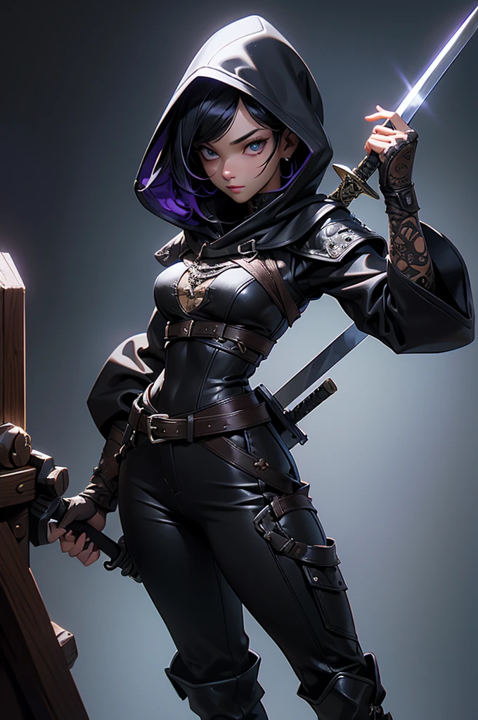 20-year-old women, Medieval thief, Leather clothing, Long trousers, boots, Hooded long coat,,Short black hair、 Sword on belt, sexy, Mid-chest, , Very detailedな, Vibrant appearance, Creative Action, Very detailedな, Imaginative, Purple lighting、Sensual, Any, Highest quality, Skin Texture, Intricate details, (Cinema Lighting), RAW Photos, 8k, masterpiece,Highest quality,Very detailedな,Very detailedなイラスト,Very detailed,Intricate details,High resolution,非常にIntricate details,Very detailed 8k cg wallpaper,
