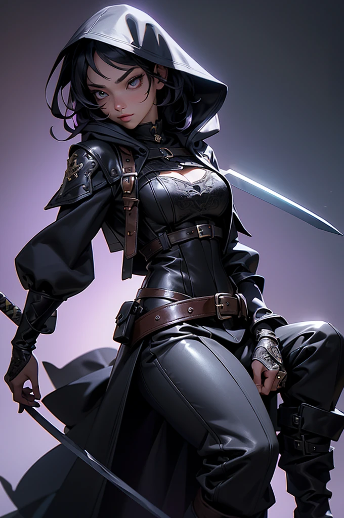 20-year-old women, Medieval thief, Leather clothing, Long trousers, boots, Hooded long coat,,Short black hair、 Sword on belt, sexy, Mid-chest, , Very detailedな, Vibrant appearance, Creative Action, Very detailedな, Imaginative, Purple lighting、Sensual, Any, Highest quality, Skin Texture, Intricate details, (Cinema Lighting), RAW Photos, 8k, masterpiece,Highest quality,Very detailedな,Very detailedなイラスト,Very detailed,Intricate details,High resolution,非常にIntricate details,Very detailed 8k cg wallpaper,