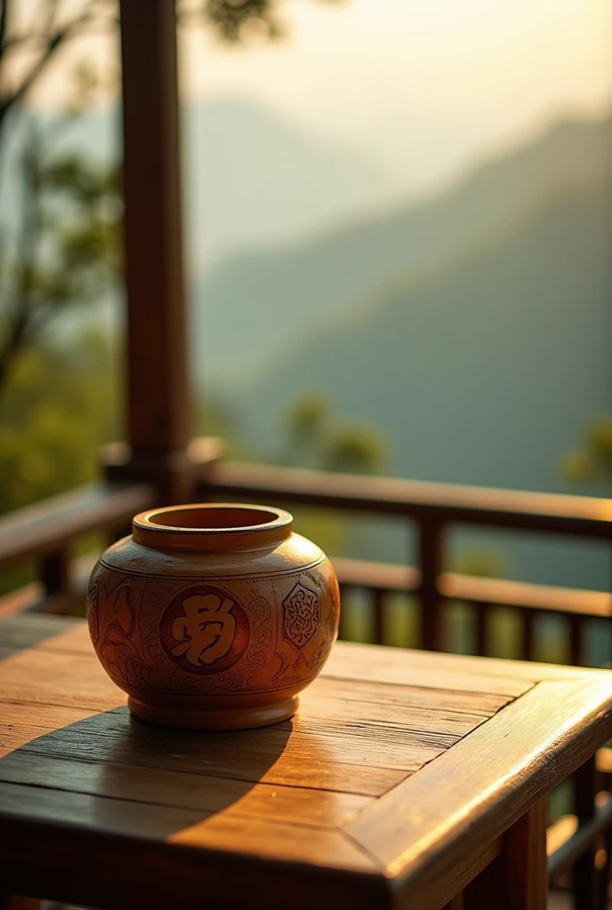 Detailed photo of a bamboo tube on a wooden table used for temple lotteries, cinematic lighting, 8K, realistic, highly detailed architectural elements, ancient Chinese culture, intricate carving details, sense of design, warm colors, natural light, serene atmosphere, dramatic shadows, expansive panoramic views, culture of the Shaolin Temple