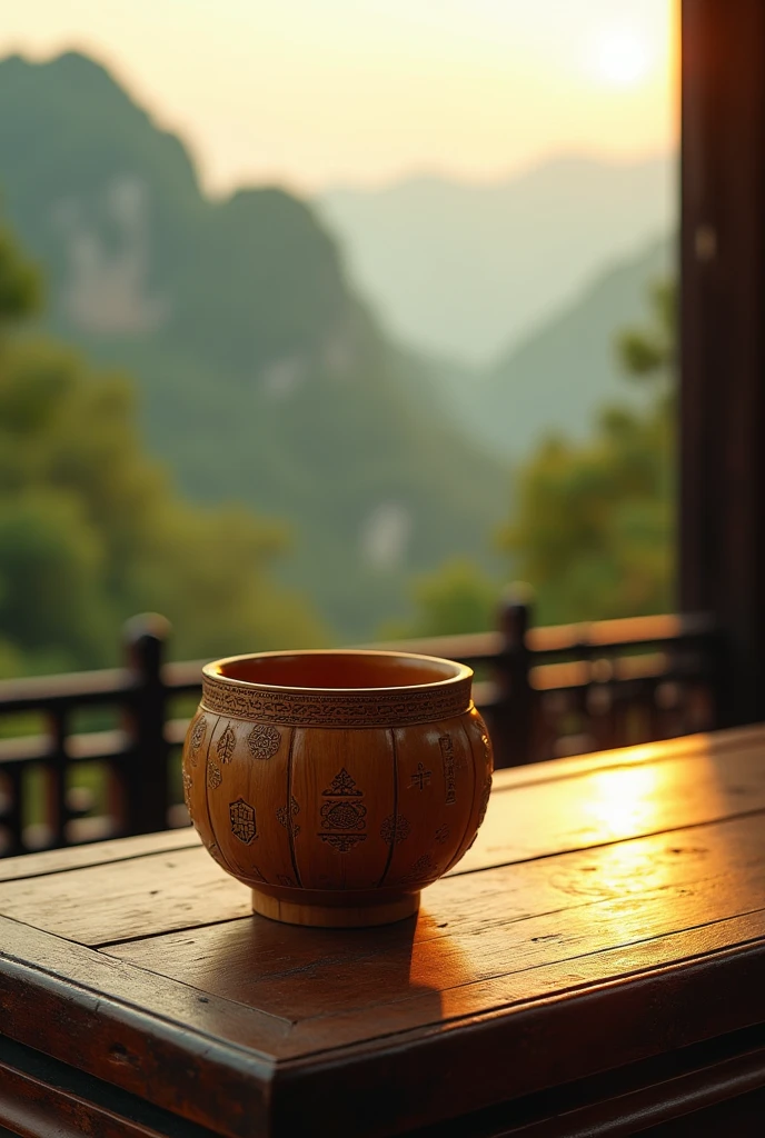 Detailed photo of a bamboo tube on a wooden table used for temple lotteries, cinematic lighting, 8K, realistic, highly detailed architectural elements, ancient Chinese culture, intricate carving details, sense of design, warm colors, natural light, serene atmosphere, dramatic shadows, expansive panoramic views, culture of the Shaolin Temple