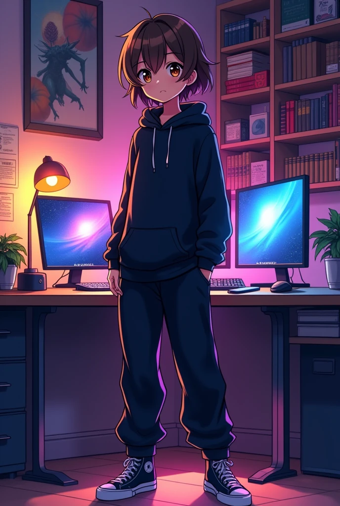 Here is a detailed guide to creating an anime-style image based on your description.:

---

**Title: Retrato de Personagem Anime em enviroment Gamer e de Estudo**

**character description:**
- **body hair:** medium brown, modernly stylized.
- **eyeballs:** medium brown, grandes e expressivos.
- **muka:** Oval, with soft and harmonious features.
- **ears:** Normals.
- **Skinned:** light tone.
- **Height:** Cao Cao.
- **gate:** average.
- **Biotype:** Mesomorfo, with an athletic and well-defined body structure.

**Clothing:**
- **Upper Clothing:** T-shirt or sweatshirt in shades of black, with a casual and modern style.
- **pants:** Black joggers.
- **Shoes:** All Star or Air Jordan sneakers, with a stylized design.

**enviroment:**
- **setup:** The environment should mix elements of a gamer setup and a study space.
  - **Setup Gamer:** Include a computer with multiple monitors, a backlit keyboard and mouse, and a comfortable gaming chair.
  - **enviroment de Estudo:** Add a bookshelf with books, an organized study table with academic materials and a desk lamp.

**Image Style:**
- **anime styling:** The image must have an anime style with vibrant colors and well-defined lines..
- **resolution:** Full HD (1920x1080) for viewing on mobile devices.

--- You can use this description to create an image on platforms like **DALL-E**, **Midjourney**, ou **Artbreeder**, providing these details to get a visual representation according to your preferences.