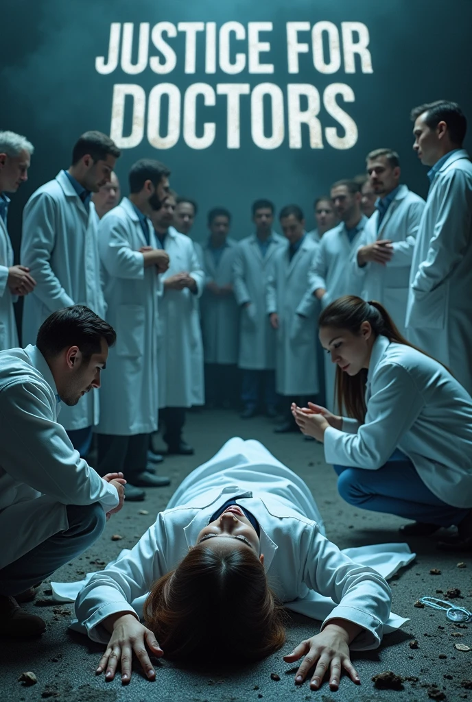 A tragic scene with a female doctor lying on the ground, having been murdered. Surrounding her, other doctors are sitting, visibly saddened and mourning her loss. In the background, the words 'Justice For Doctor,s' are boldly written in large, impactful letters, emphasizing the gravity of the situation