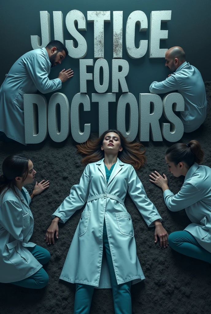A tragic scene with a female doctor lying on the ground, having been murdered. Surrounding her, other doctors are sitting, visibly saddened and mourning her loss. In the background, the words 'Justice For Doctor,s' are boldly written in large, impactful letters, emphasizing the gravity of the situation