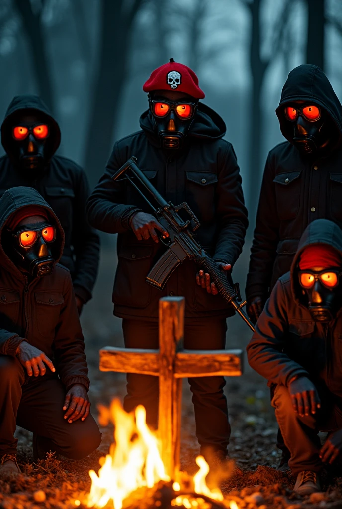 Several Young people with gas masks, With a black jacket, with the mask's visors red,  a submachine gun in the other hand, they are surrounded by a bonfire, along with the leader with a red beret with a skull, They are all kneeling before a cross.