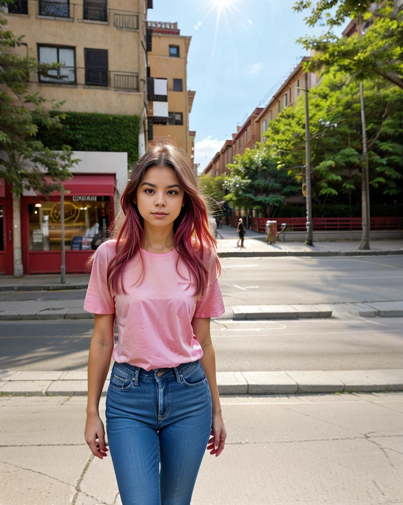 A vision flow of a beautiful woman walking down a street, her pink t-shirt and faded blue jeans illuminated by the sun, a red car passing in the background, and a world of shimmering light.  