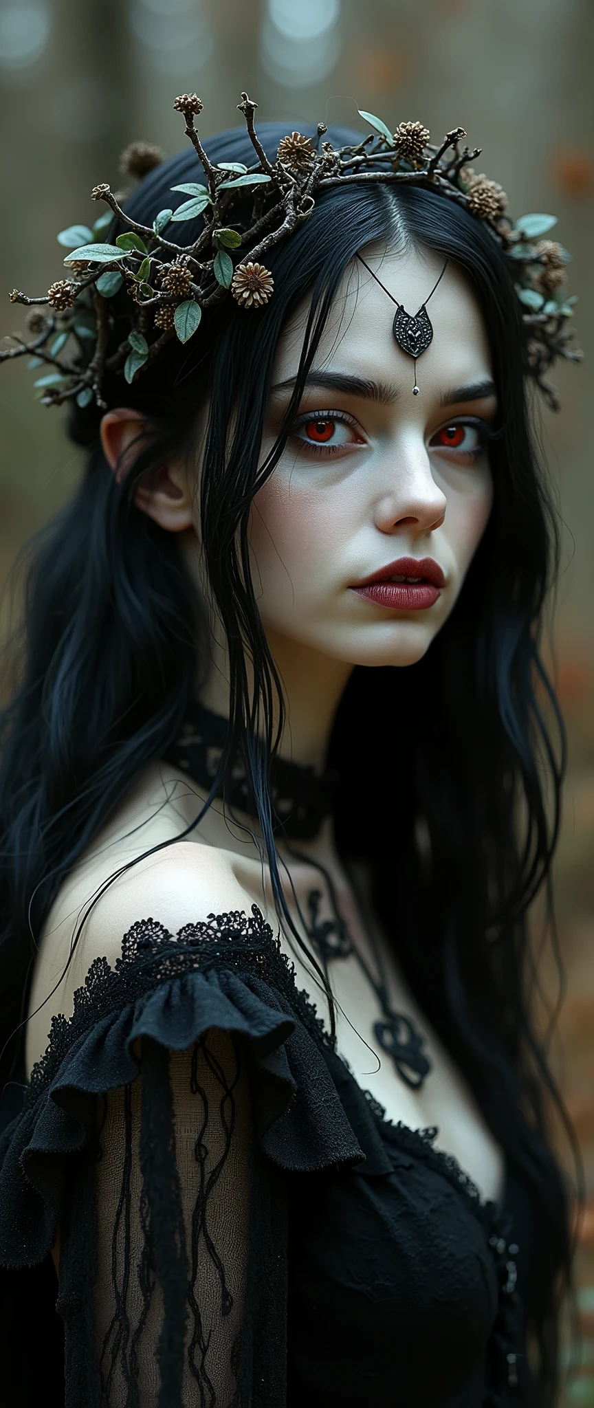 Envision a Gothic vampiress, Lilith, emerging from the shadows of a twisted, surreal world inspired by the intricate and fantastical style of Hieronymus Bosch. Her ethereal beauty is both alluring and unsettling, with porcelain skin that contrasts starkly against the dark, labyrinthine environment around her. Lilith's flowing raven-black hair is adorned with delicate, thorny vines, while her crimson eyes reflect the macabre and eerie landscape—teeming with bizarre creatures and foreboding structures. The world she inhabits is a nightmarish dreamscape, where gothic architecture melds with organic, otherworldly forms, creating a haunting yet mesmerizing vision of darkness and beauty.