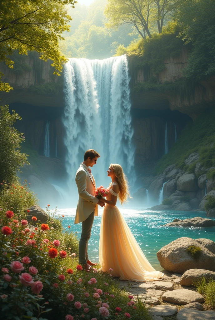 Beautiful waterfall in wonderland blonde hair princess take roses from perfect tall and handsome prince hand