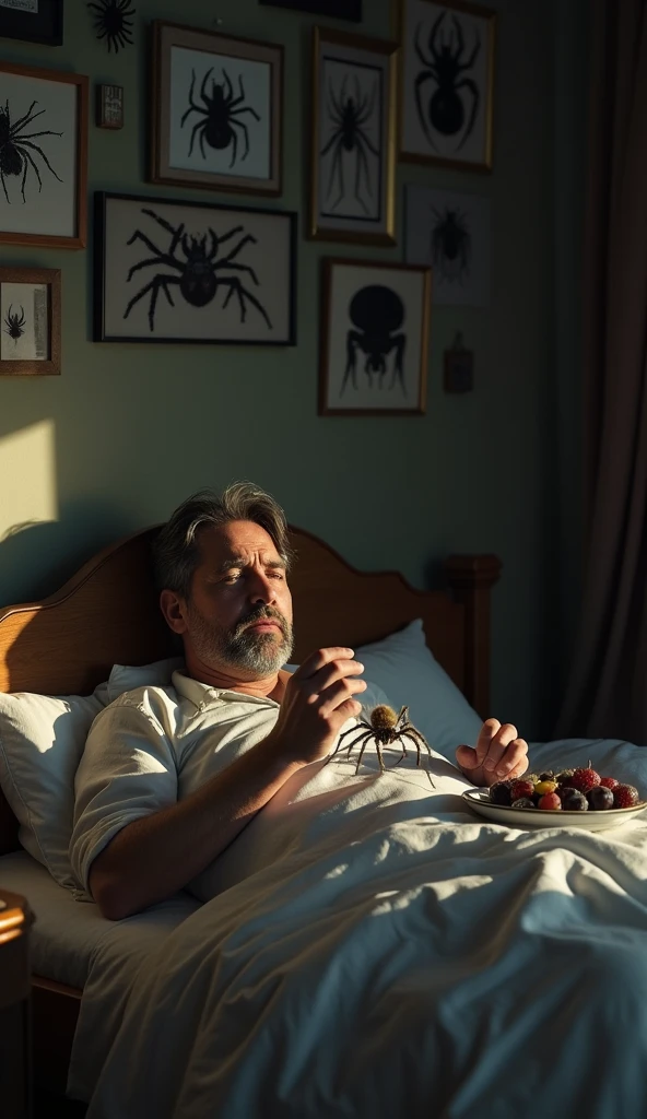 Mr. Trum is 50 years old. Lying in bed eating grapes, there are many pictures of spiders hanging above the bed. There is a spider crawling on Mr. Trum's body. 3d 4k