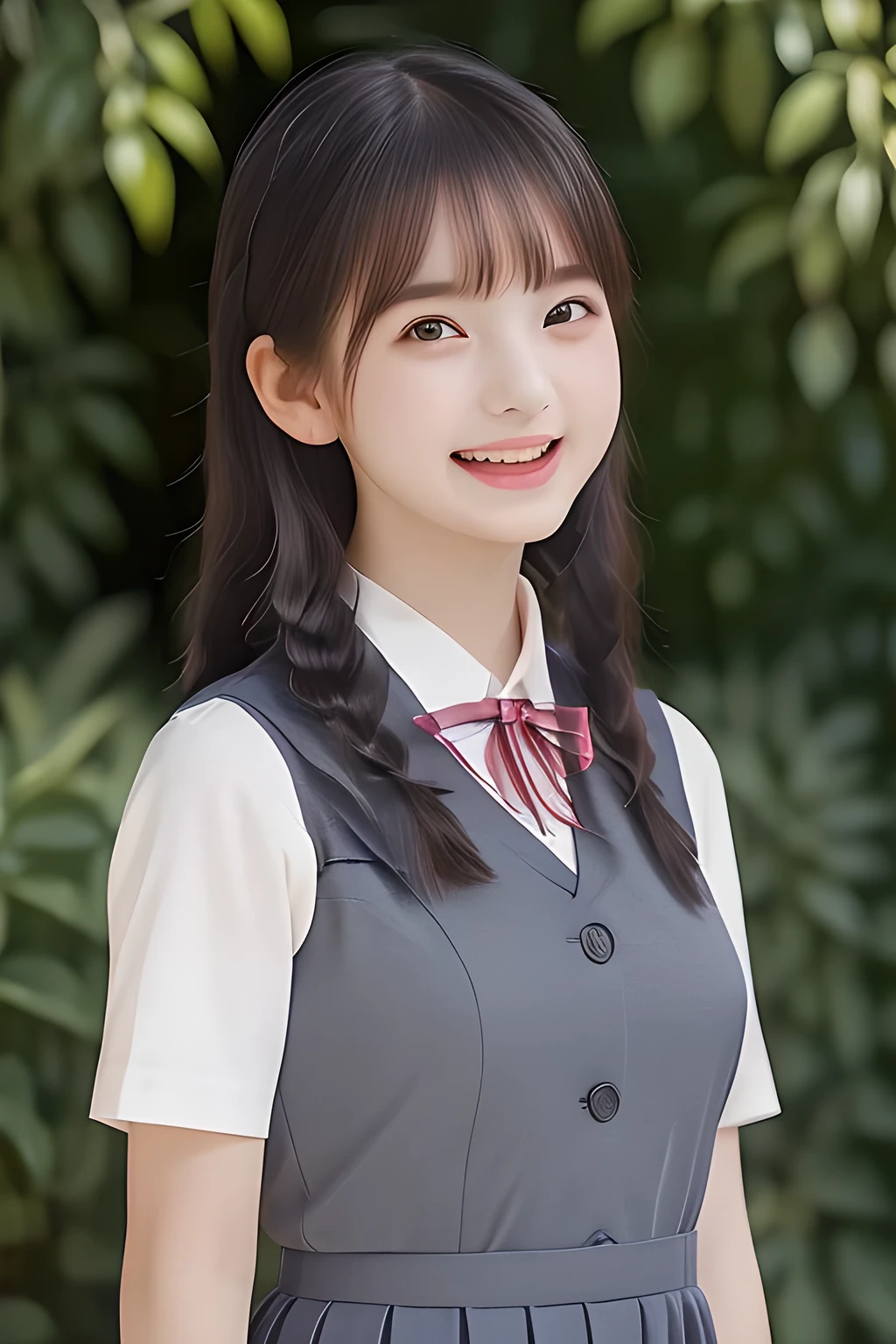 (highest quality, masterpiece, high resolution:1.2), 4K, (Photo quality detailed face: 1.2), (Giorgione painting style: 0.8), geometry, ( yo cute girly Japanese girl with very detailed graceful cute smiling face: 1.2), Laughing cutely, (neat girly white short-sleeves school blouse: 1.0), (puffed short sleeves: 1.0), (big sharp breast: 1.2), (Dark red glossy school ribbon on the breast: 1.0), (Light gray Japanese school girly vest Uniform: 1.2), (Light gray short school boxed pleated skirt: 1.2), (Extremely laughing cheeks: 1.0), (Beautiful light-amber cute-dolly large clear laughing 10yo noble princesses eyes with very detailed cutely: 1.4), (Long bottom eyelashes: 1.2), (Glossy lips: 1.0), (braids under her ears: 1.3), (Full body shot: 1.0)