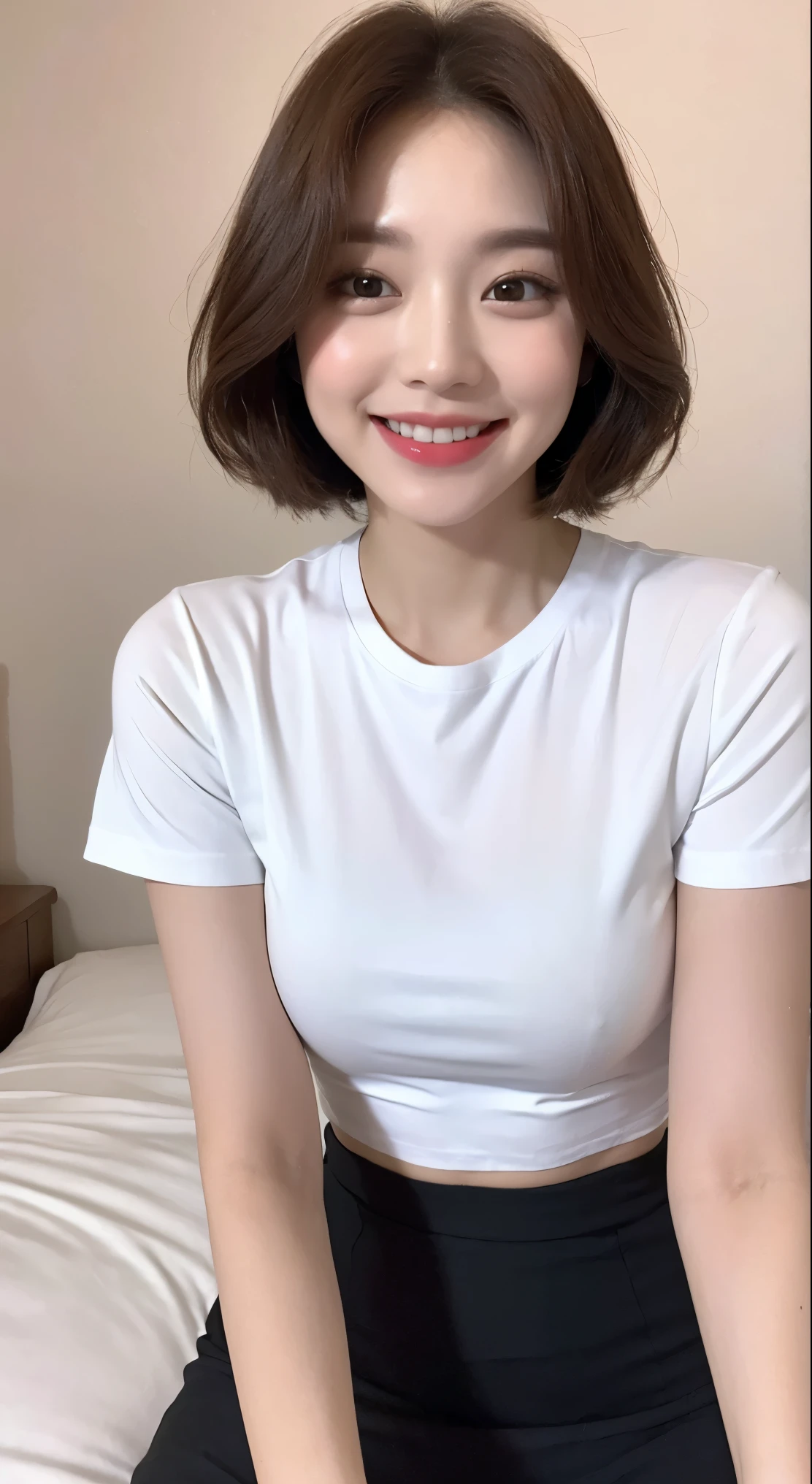 White tight shirt、White mini skirt、bed、smile、Short sleeve、High resolution、Korean idol face、double eyelid、White teeth、short hair