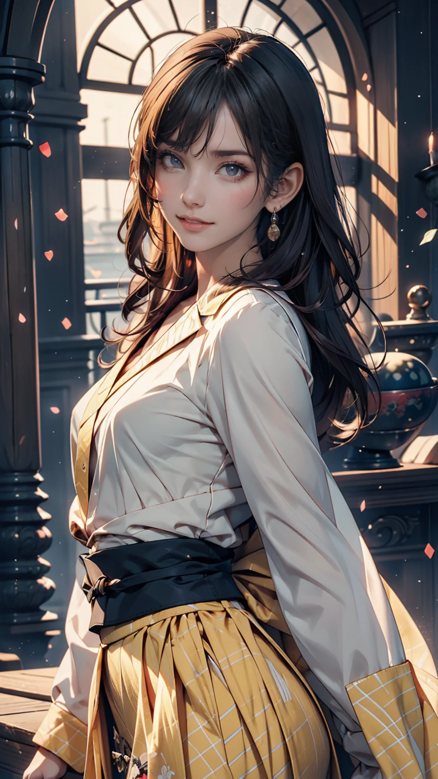 Beautiful Japanese Woman, soft skin and perfect face, A small face with a nose and rosy lips, Beautiful Eyes, Beautiful smile. black, Surrounded by a bright, ethereal glow、Thin, long, beautiful hair. A loose, medium hairstyle with gradation highlights and grey layers, Navy band collar shirt x yellow houndstooth flare skirt, Bright neon colorful background, Hyperrealistic female photos, High quality high resolution 8K masterpiece