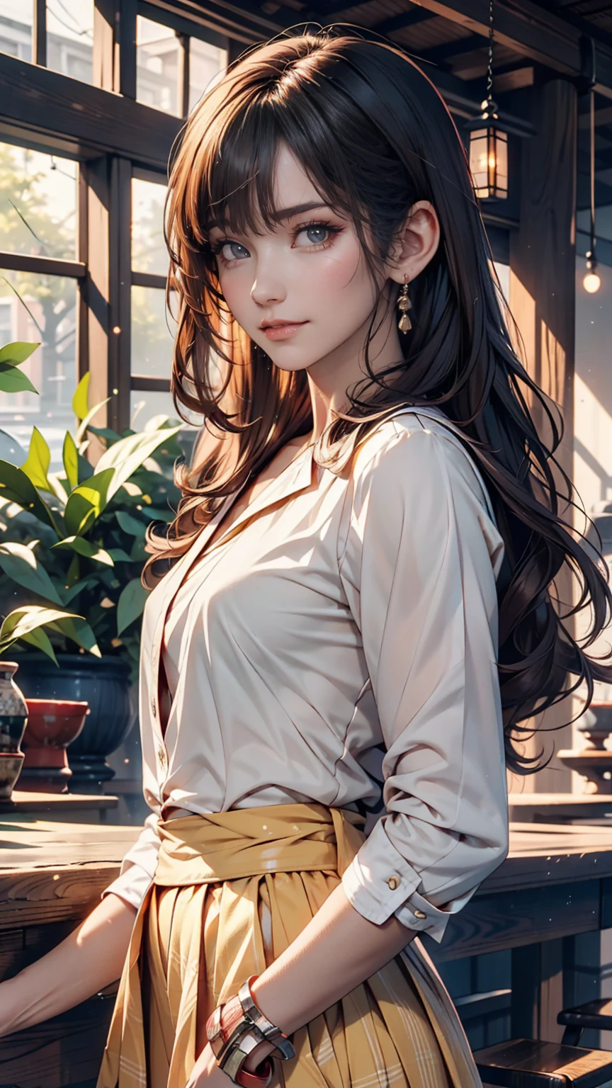 Beautiful Japanese Woman, soft skin and perfect face, A small face with a nose and rosy lips, Beautiful Eyes, Beautiful smile. black, Surrounded by a bright, ethereal glow、Thin, long, beautiful hair. A loose, medium hairstyle with gradation highlights and grey layers, Navy band collar shirt x yellow houndstooth flare skirt, Bright neon colorful background, Hyperrealistic female photos, High quality high resolution 8K masterpiece