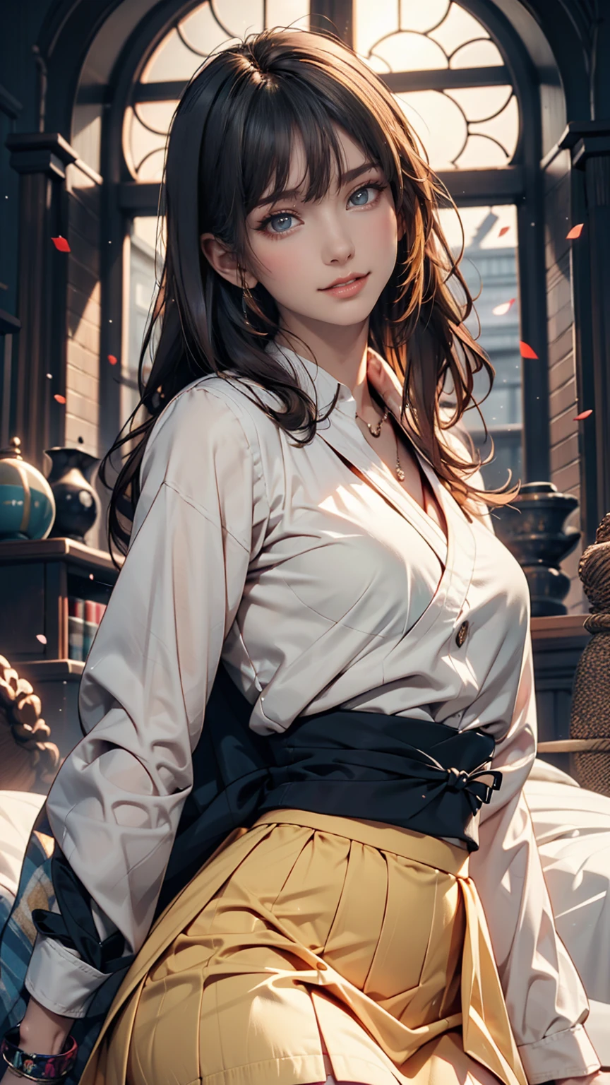 Beautiful Japanese Woman, soft skin and perfect face, A small face with a nose and rosy lips, Beautiful Eyes, Beautiful smile. black, Surrounded by a bright, ethereal glow、Thin, long, beautiful hair. A loose, medium hairstyle with gradation highlights and grey layers, Navy band collar shirt x yellow houndstooth flare skirt, Bright neon colorful background, Hyperrealistic female photos, High quality high resolution 8K masterpiece