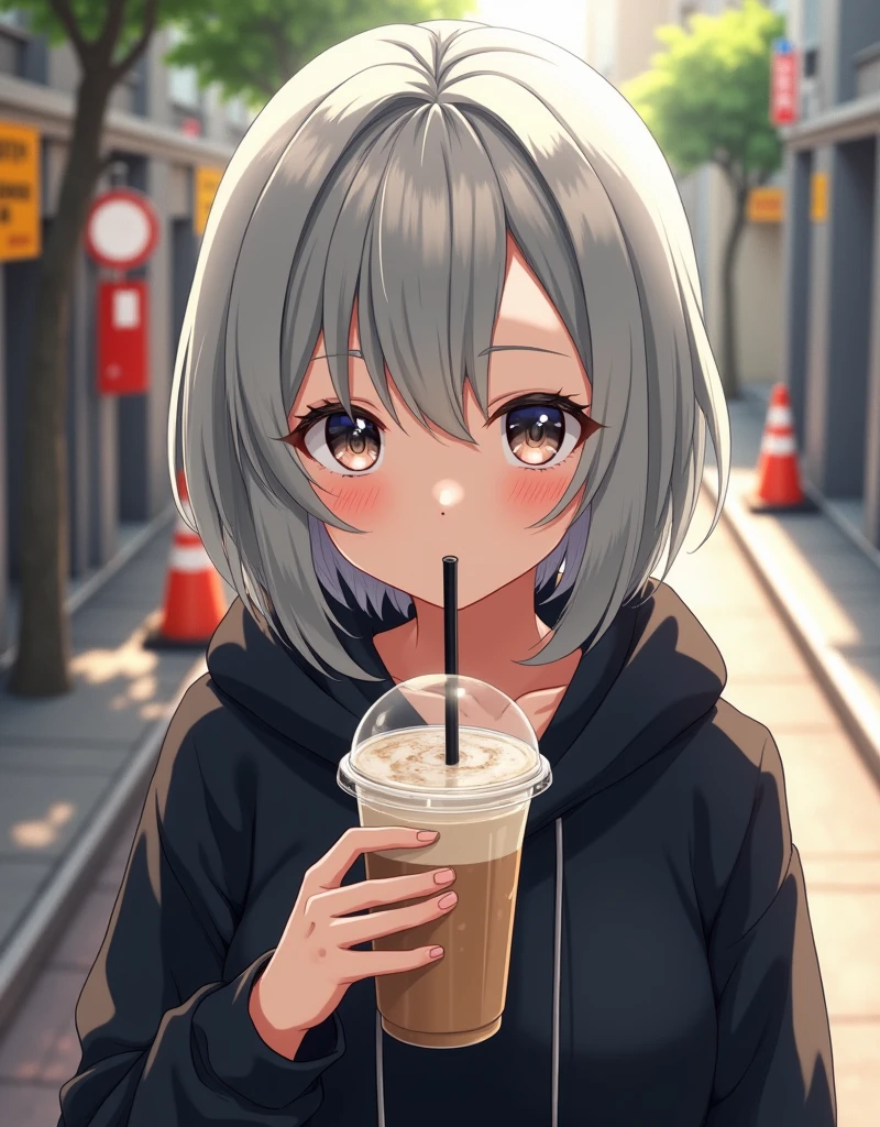 (RAW photo, best quality, masterpiece: 1.2), (photorealistic: 1.4), best lighting, 20 years old, (light gray hair, short bob cut, hair in 7 thirds, hair over one ear, Symmetrical eyes, fair skin, solo, Detailed Skin, Detailed Background:1.2),　From a above, a black short-length hoodie, drinking a cafe latte in a transparent cup with a straw,taken in a residential area in Japan, road signs, traffic cones, sun, glare, street trees,