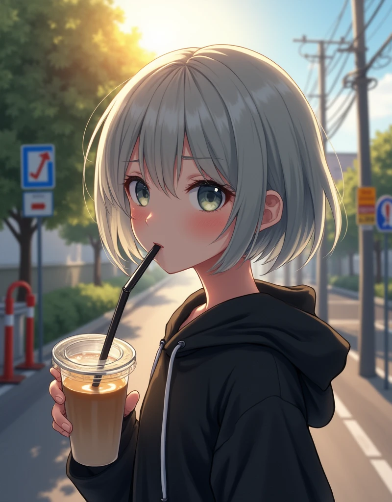 (RAW photo, best quality, masterpiece: 1.2), (photorealistic: 1.4), best lighting, 20 years old, (light gray hair, short bob cut, hair in 7 thirds, hair over one ear, Symmetrical eyes, fair skin, solo, Detailed Skin, Detailed Background:1.2),　From a above, a black short-length hoodie, drinking a cafe latte in a transparent cup with a straw,taken in a residential area in Japan, road signs, traffic cones, sun, glare, street trees,