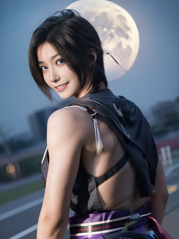 20 year old Japanese beauty,One woman、Muscular body like a bodybuilder、Emphasize the breasts、Slit eyes、A head-to-toe view,Bust is very very large、Full moon night in the background、High quality photos、Clear, crisp images of the lower body、Masterpiece 8k、Smiling、He holds a shuriken in his right hand、From the front, from the side, from the back, etc.々from what camera angle to shoot、A ninja costume of purplish-red color