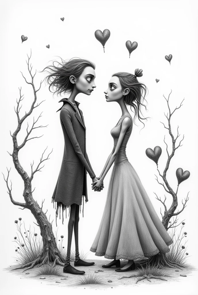 A Tim Burton-style pencil drawing with romance themes on a white sheet