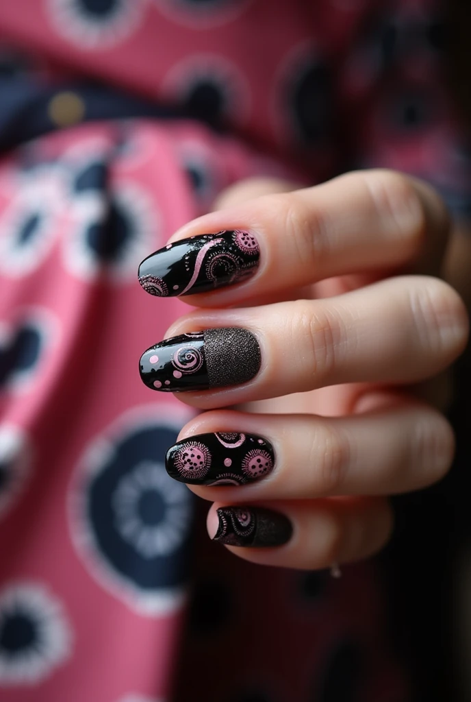 Nails that match a black and pink all-over-shibori furisode (formal kimono)