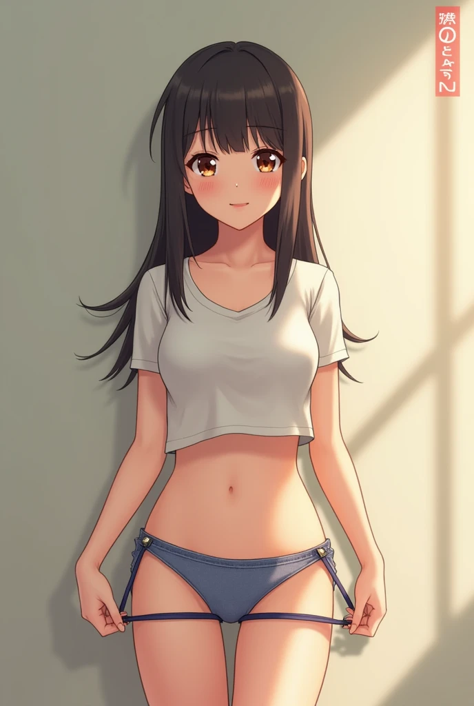 A cute Japanese woman holding her panties open.、cameltoe,stand up、School
