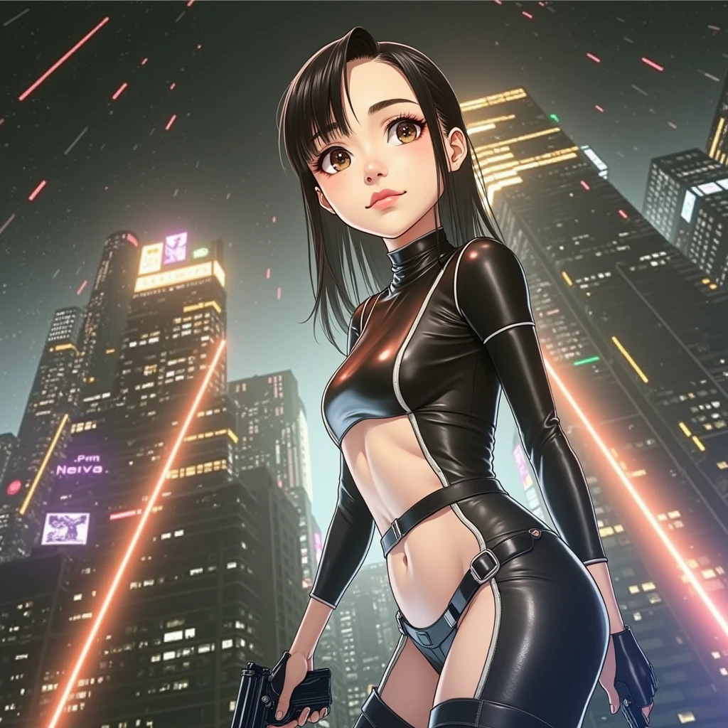 Maximum image quality, outstanding details, ultra high resolution, (Realism: 1.4), the best illustration, favor details, 1 very condensed girl, with a delicate and beautiful face, dressed in a black latex suit, with wet hair, with black hair and a mole next to her mouth, holding a short firearm, the background is a high-tech lighting scene of the city of the future.
