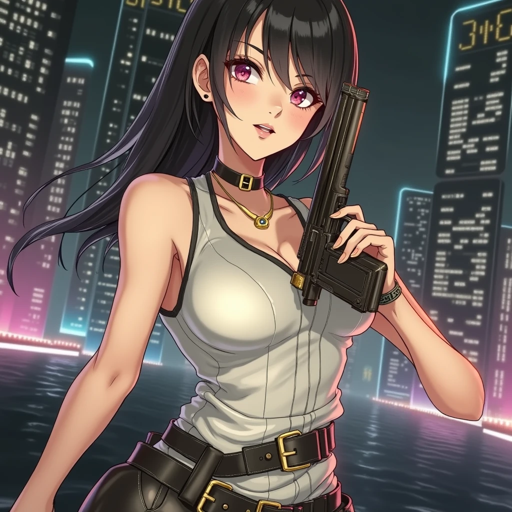 Highest quality,high resolution,comics,(Cel animation style),One woman,30 year old Asian female,(Straight long black hair),((Black tank top)),((Denim shorts)),((1 Holding a gun in each hand.6)),(Skull Necklace),Black sneakers,(Beautiful face with a narrow slit 1.3),Black wristband on left wrist,Beautiful Style,Slender body,(Large ),(((Holding a cigarette)))((Sunset city background))