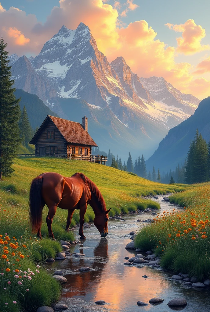 I need an image of a mountainous landscape where there is a house on a hill and a horse drinking water from a stream in front of the house.