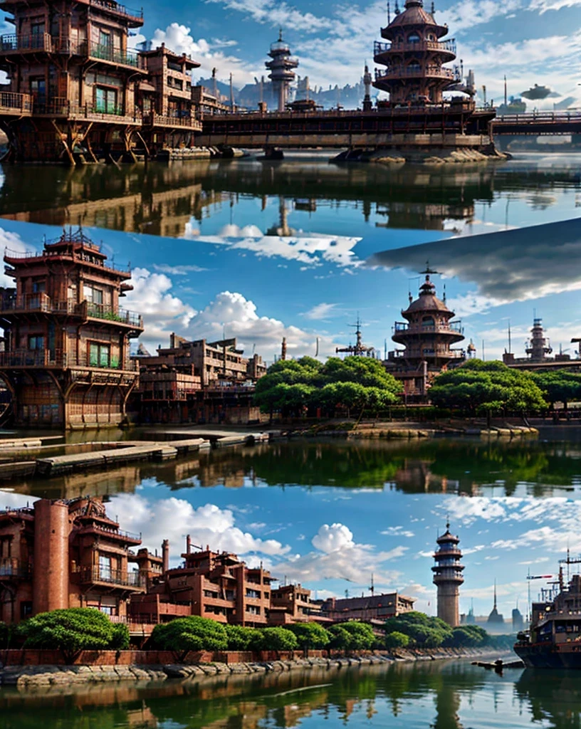 super detail, high details, high quality, 8k, Miyazaki style, a steampunk-style city floating in the sky, clouds and diverse architecture, exuding mystery and technology --v 6