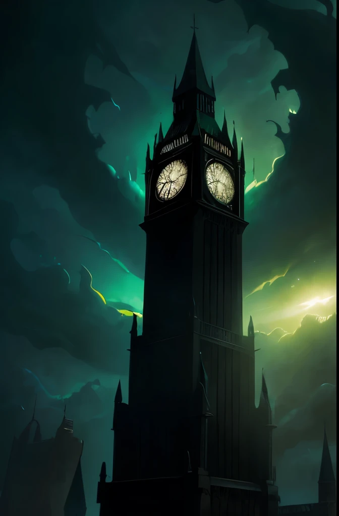 a close up of a clock tower with a green sky in the background, a matte painting inspired by Michael Whelan, cg society contest winner, gothic art, micheal whelan, michael whelan and gustave dore, where lovecraftian horrors roam, lovecraftian atmosphere, arkham horror, michael whelan and gustave done, michael whelan art, shadow over innsmouth, barlowe wayne