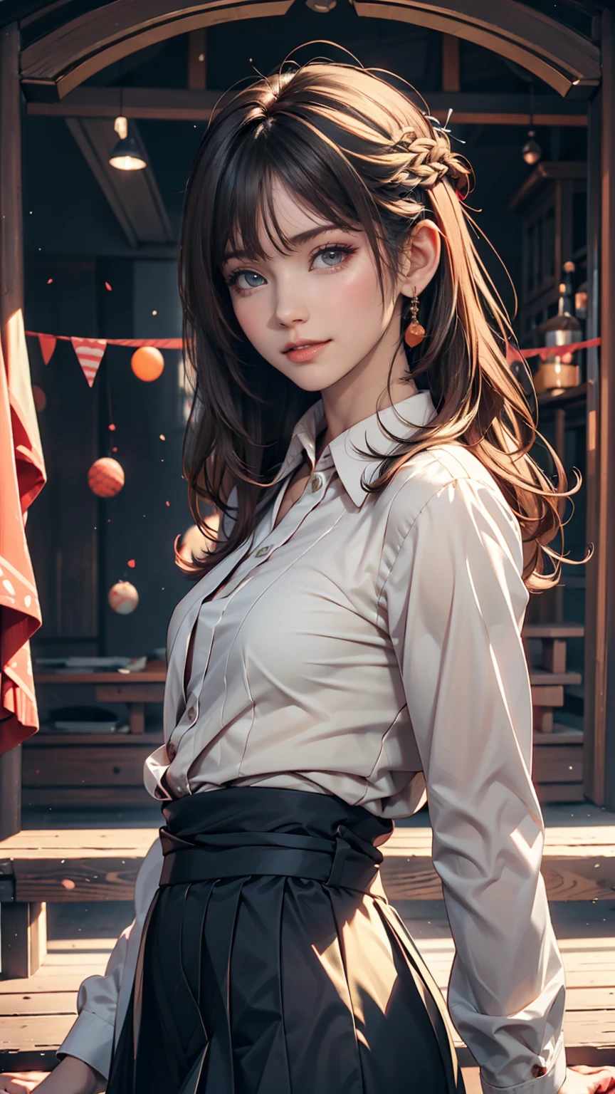 Beautiful Japanese Woman, soft skin and perfect face, A small face with a nose and rosy lips, Beautiful Eyes, Beautiful smile. black, Surrounded by a bright, ethereal glow、Thin, long, beautiful hair. A loose, medium hairstyle with gradation highlights and grey layers, Navy band collar shirt x yellow houndstooth flare skirt, Bright neon colorful background, Hyperrealistic female photos, High quality high resolution 8K masterpiece