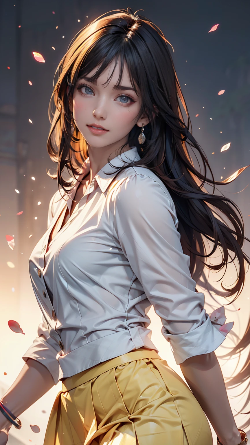 (best quality,4k,8k,highres,masterpiece:1.2),ultra-detailed,(realistic,photorealistic,photo-realistic:1.37),portrait,intelligent looking woman,elegant,calm expression,hint of smile,deep,expressive eyes,rosy cheeks,graceful posture,wearing a plain shirt,highlighting her natural beauty,medium breasted and mature,her long hair flows down to her slender waist, wearing a long skirt,adding a touch of elegance and sophistication, sexy, unbuttoned shirt, big breast