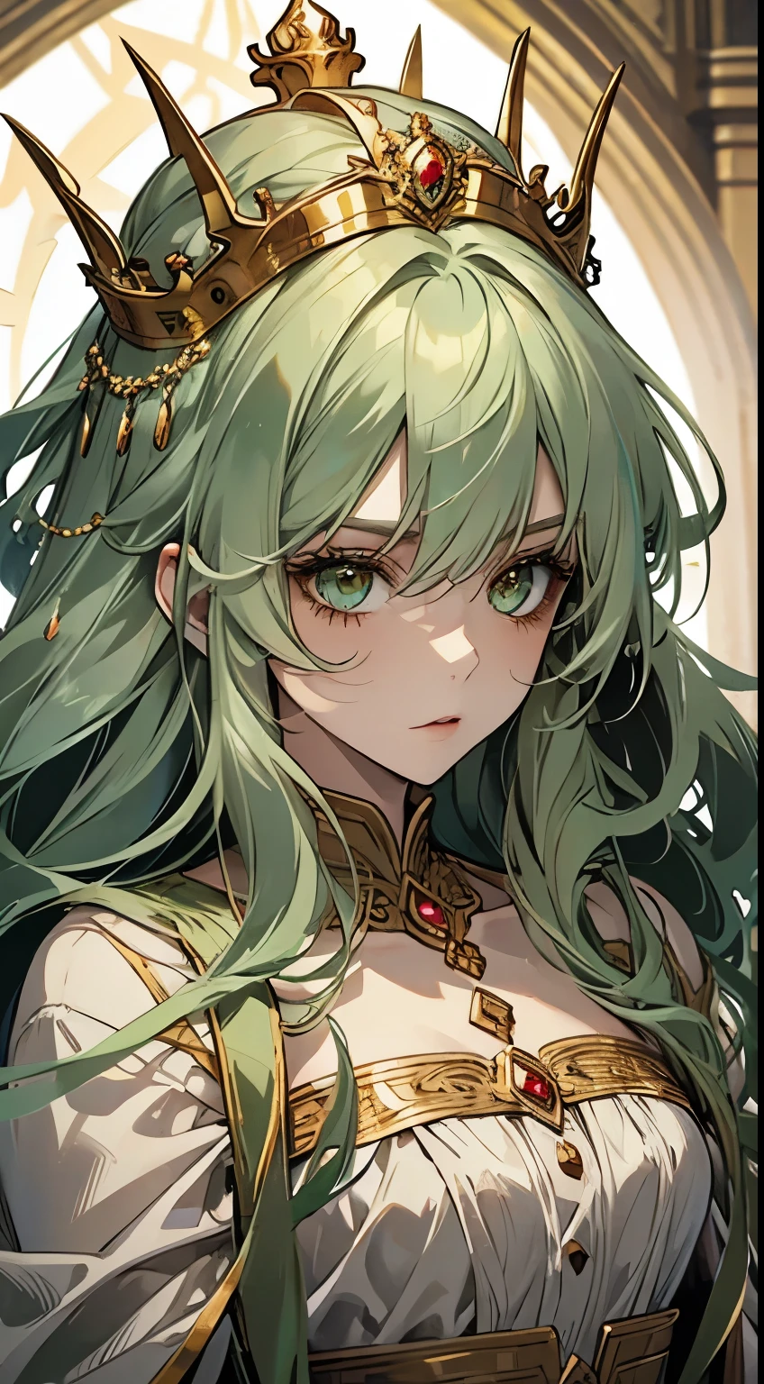 a young princess woman,with light green hair ,beautiful with white skin,golden eyes with a crown