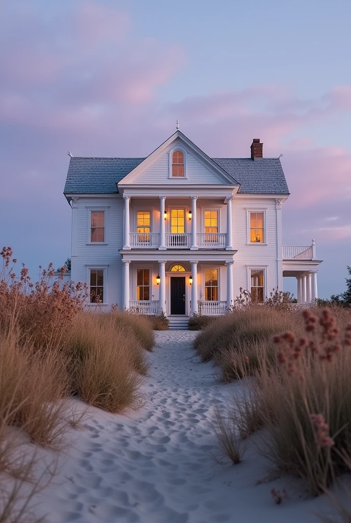 Majestic white house surrounded by dried flowers at dusk on the beach