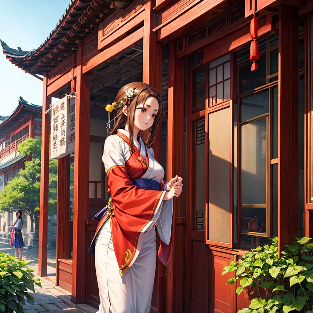 A beautiful girl ,Put on gorgeous Hanfu, Chinese Architecture, landscape