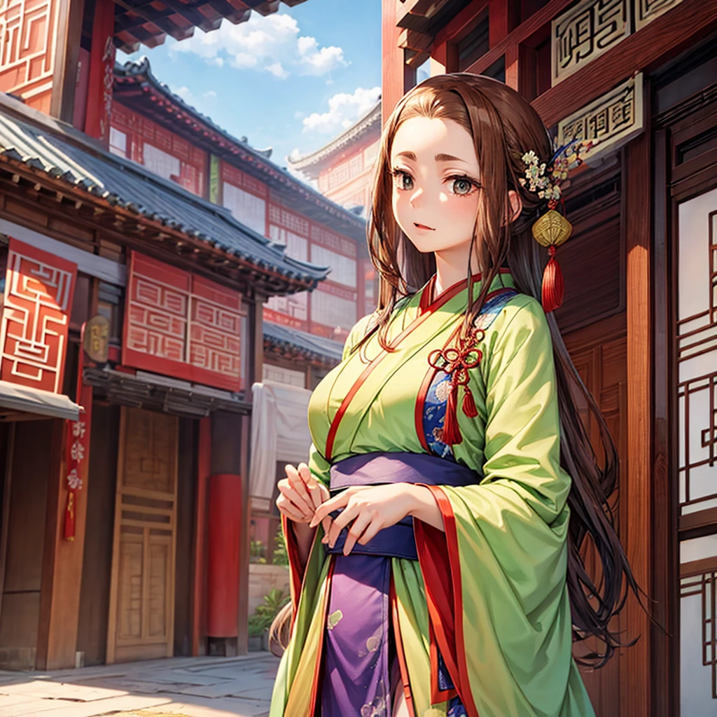 A beautiful girl ,Put on gorgeous Hanfu, Chinese Architecture, landscape