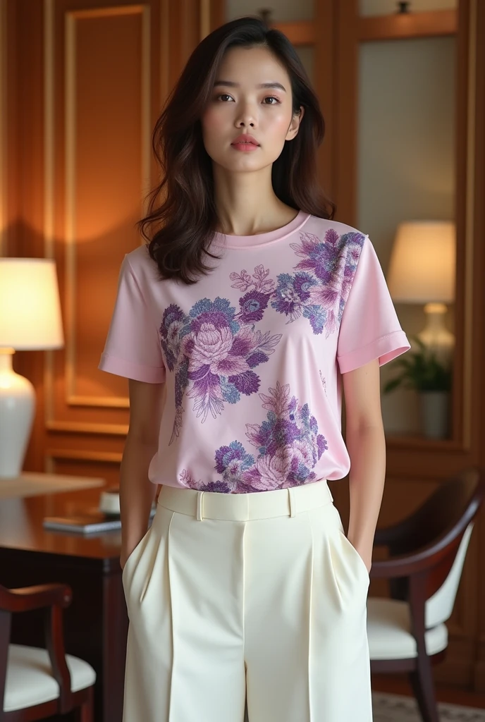 Female model. Modern style. Wearing a light pink short-sleeved round-neck T-shirt with Vietnamese ethnic brocade patterns in purple, blue, and lotus pink. The shirt body is solid-colored with 2cm sleeves. Wide-leg, cream-colored A-line pants, side pockets. The setting is in a luxurious wooden interior room. Cream-colored walls. Table, chairs, lamps